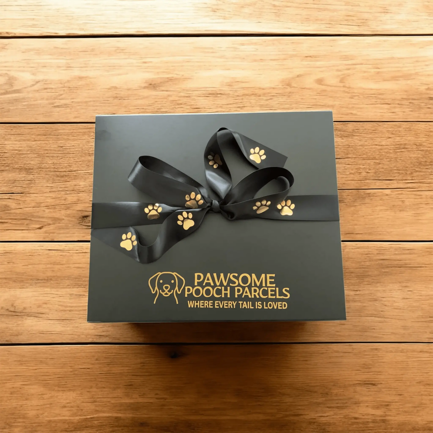 Pawsome Pooch Parcels premium dog gift box with paw print ribbon on wooden table