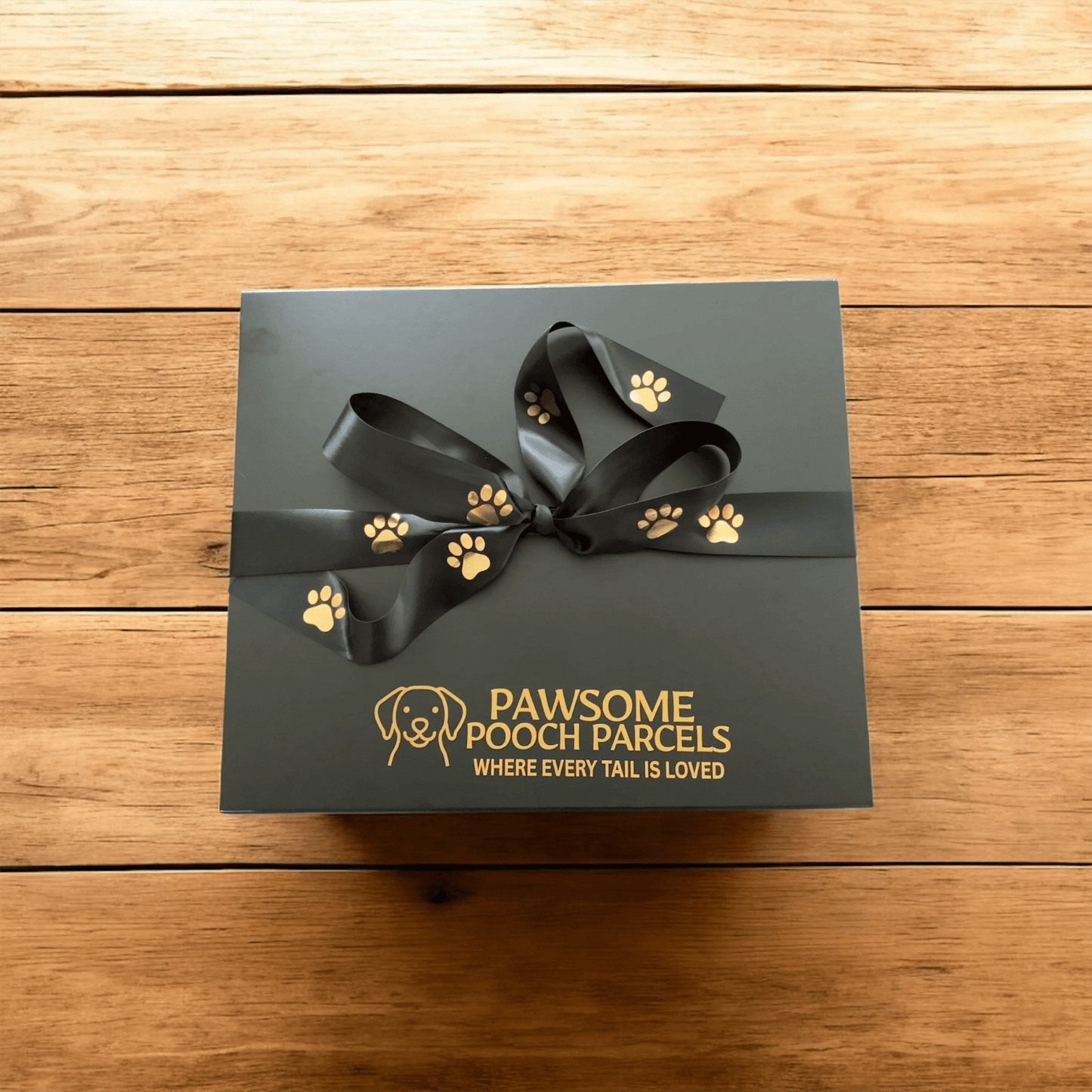 Pawsome Pooch Parcels gift box with paw print ribbon on wooden table, premium dog gift delivery