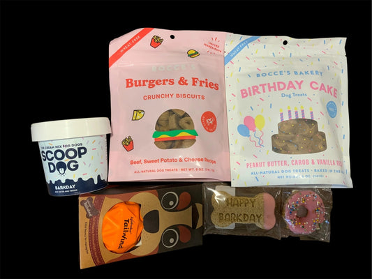 Pawsome Pooch Parcels premium dog gift box with birthday cake treats, biscuits, and toys