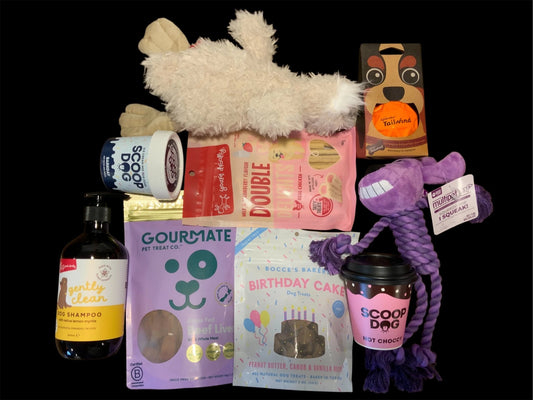 Pawsome Pooch Parcels dog gift box with toys, treats, and shampoo on black background
