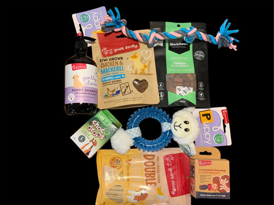 Pawsome Pooch Parcels dog gift box with treats, toys, puppy shampoo, and essentials