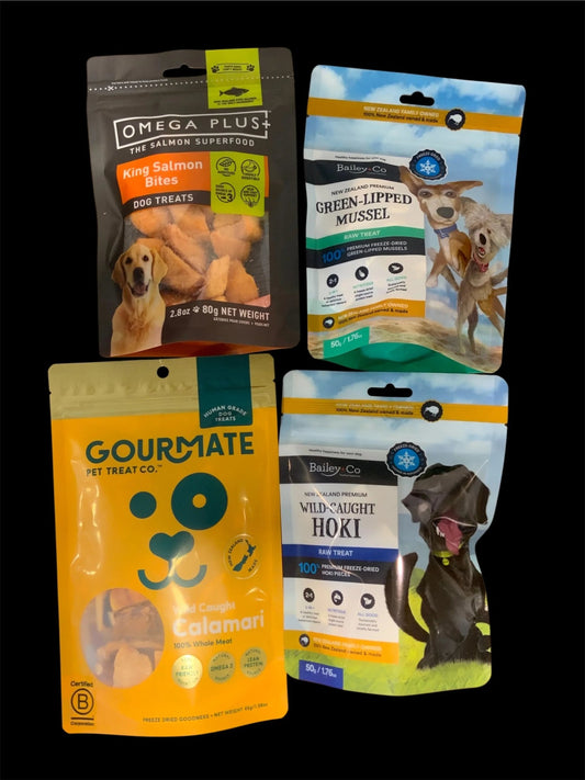 Selection of premium New Zealand dog treats from Pawsome Pooch Parcels gift box