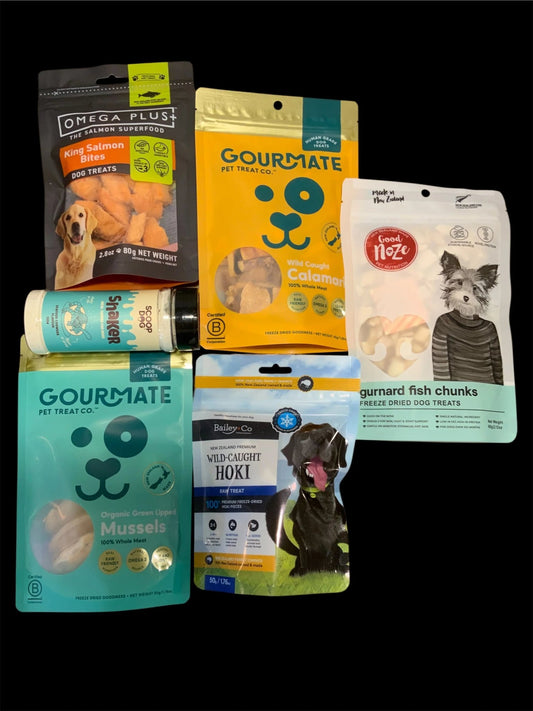 New Zealand premium dog treat gift box with salmon, hoki, mussels, calamari, and gurnard.