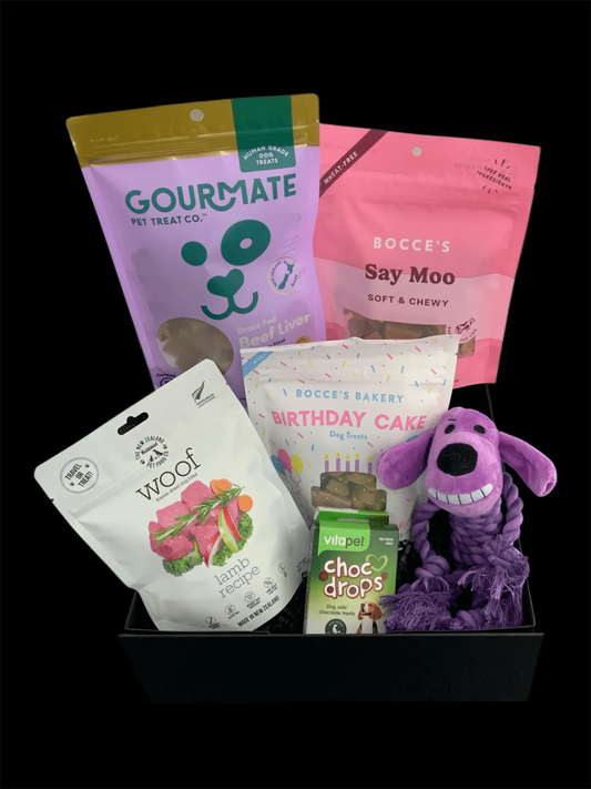 Premium dog gift box with gourmet treats, chew toy, and snacks from Pawsome Pooch Parcels