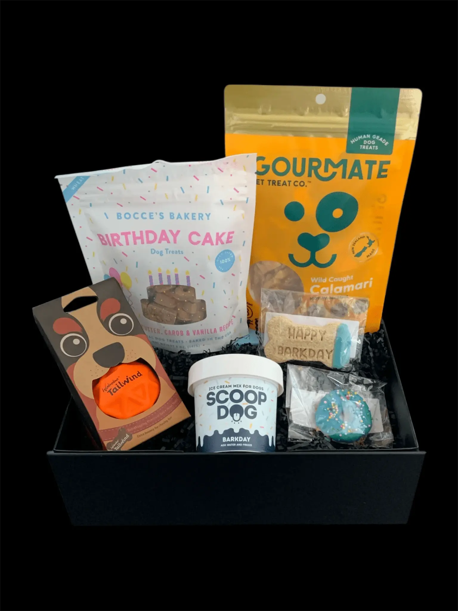 Dog birthday gift box with treats, toys, and snacks from Pawsome Pooch Parcels New Zealand