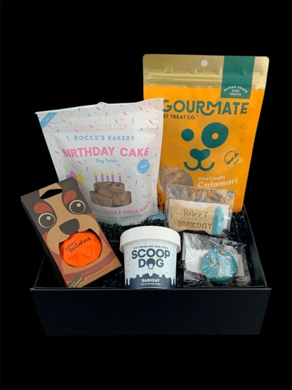 Dog birthday gift box with treats, toys, and snacks from Pawsome Pooch Parcels New Zealand