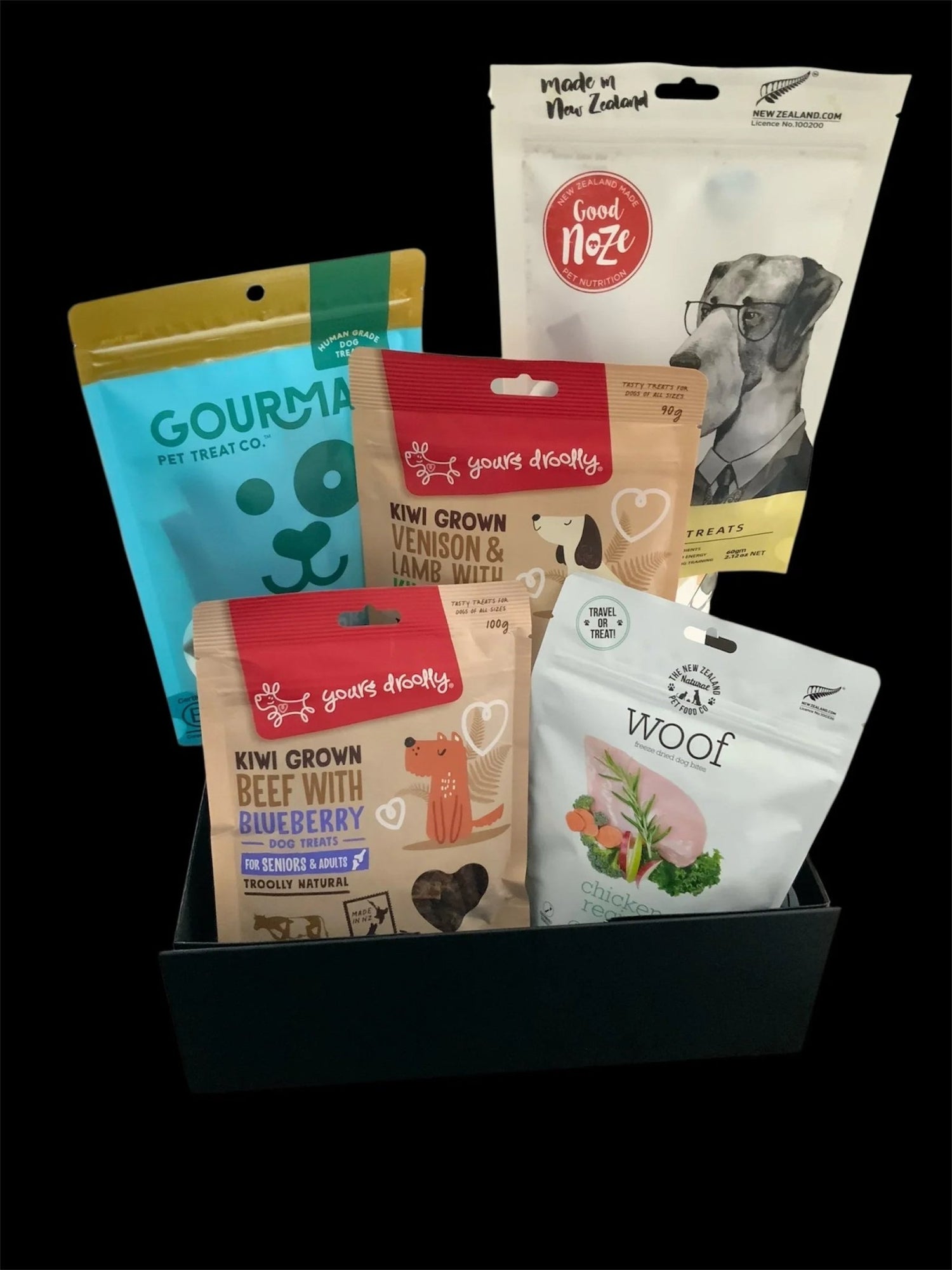 Assorted premium New Zealand dog treats gift box from Pawsome Pooch Parcels