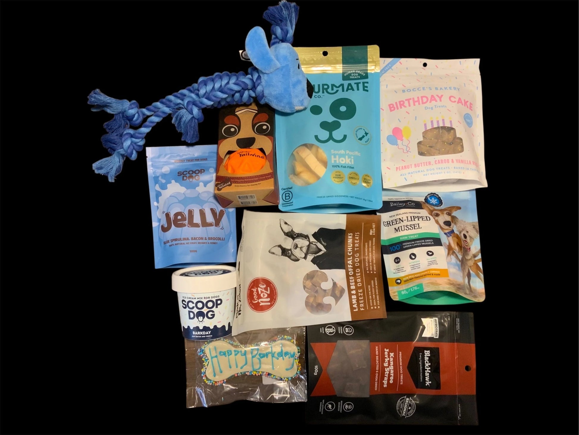 Premium dog gift box with toys, treats, and snacks from Pawsome Pooch Parcels, New Zealand