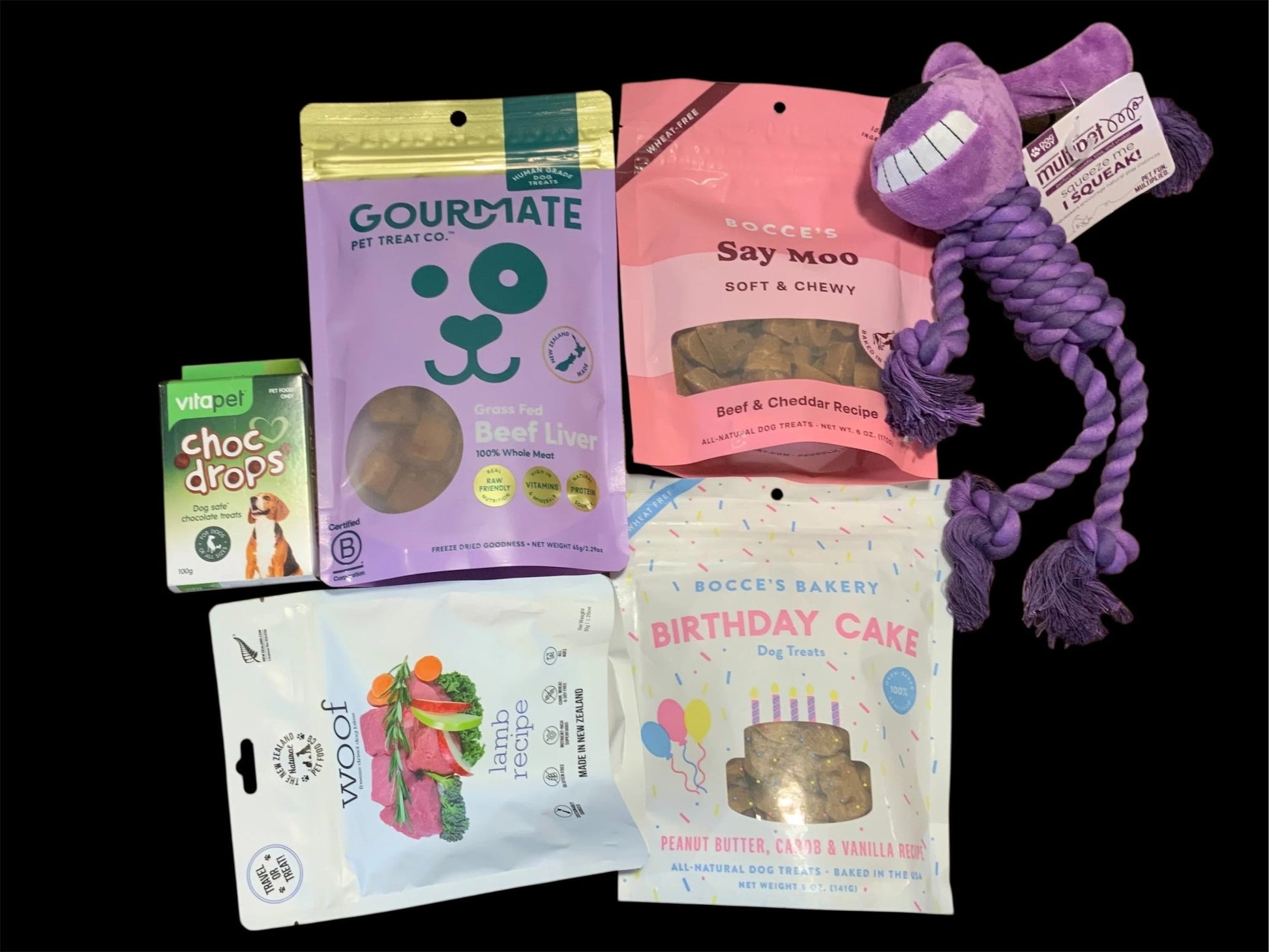 Pawsome Pooch Parcels premium dog gift box with gourmet treats and purple dog toy