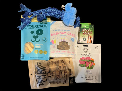Premium New Zealand dog gift box with treats, rope toy, and chew from Pawsome Pooch Parcels