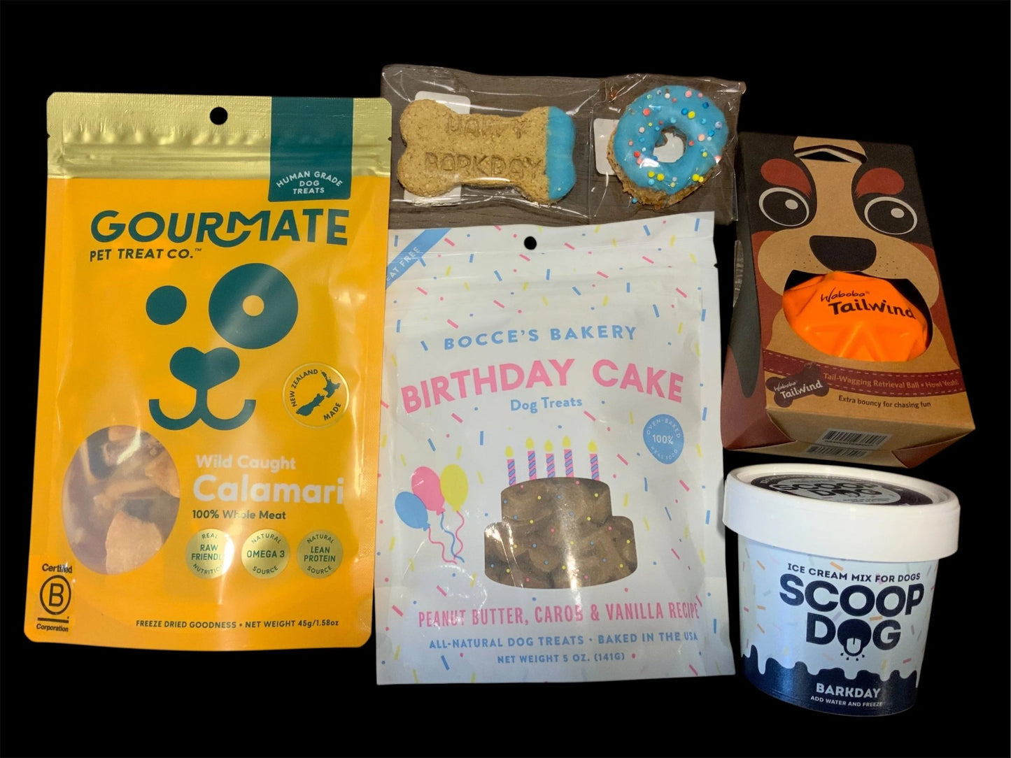 Pawsome Pooch Parcels premium dog gift box with treats, toy ball, and Scoop Dog ice cream