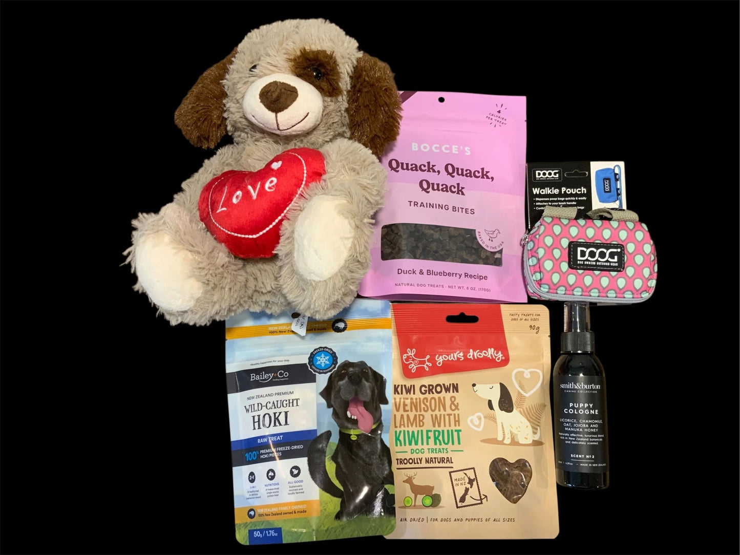 Pawsome Pooch Parcels dog gift box with plush toy, treats, walkie pouch, and puppy cologne