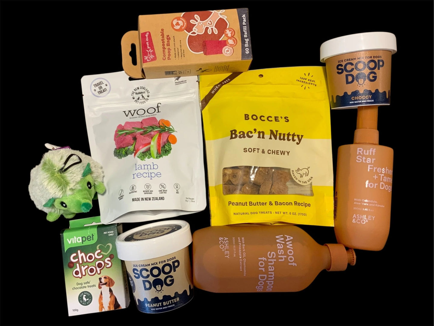 Premium dog gift box with treats, toys, shampoo, and care products from Pawsome Pooch Parcels