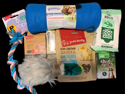 Premium dog gift box with toys, treats, wipes, blanket, and essentials from Pawsome Pooch Parcels