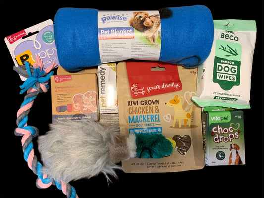 Premium dog gift box with toys, treats, wipes, blanket, and essentials from Pawsome Pooch Parcels