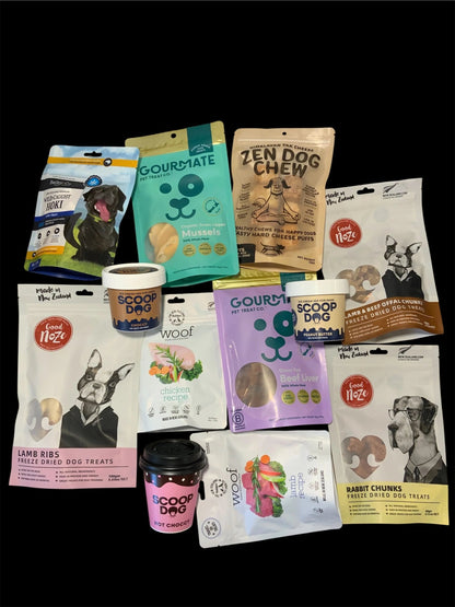 Assorted premium dog treats and chews gift box from Pawsome Pooch Parcels NZ