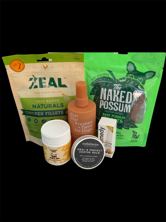 Pawsome Pooch Parcels Get Well Soon Box — Zeal chicken fillets, The Naked Possum treats, calming spray, calm and protect balm an gentle recovery items for unwell dogs