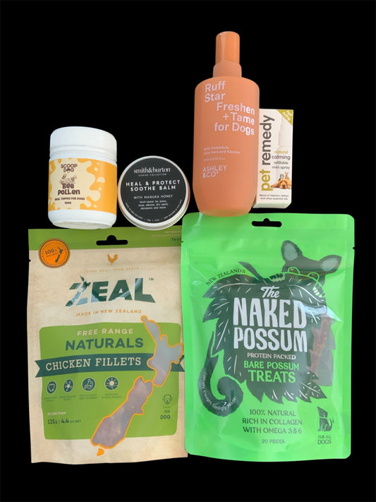 Pawsome Pooch Parcels Get Well Soon Box — Zeal chicken fillets, The Naked Possum treats, calming spray, calm and protect balm an gentle recovery items for unwell dogs