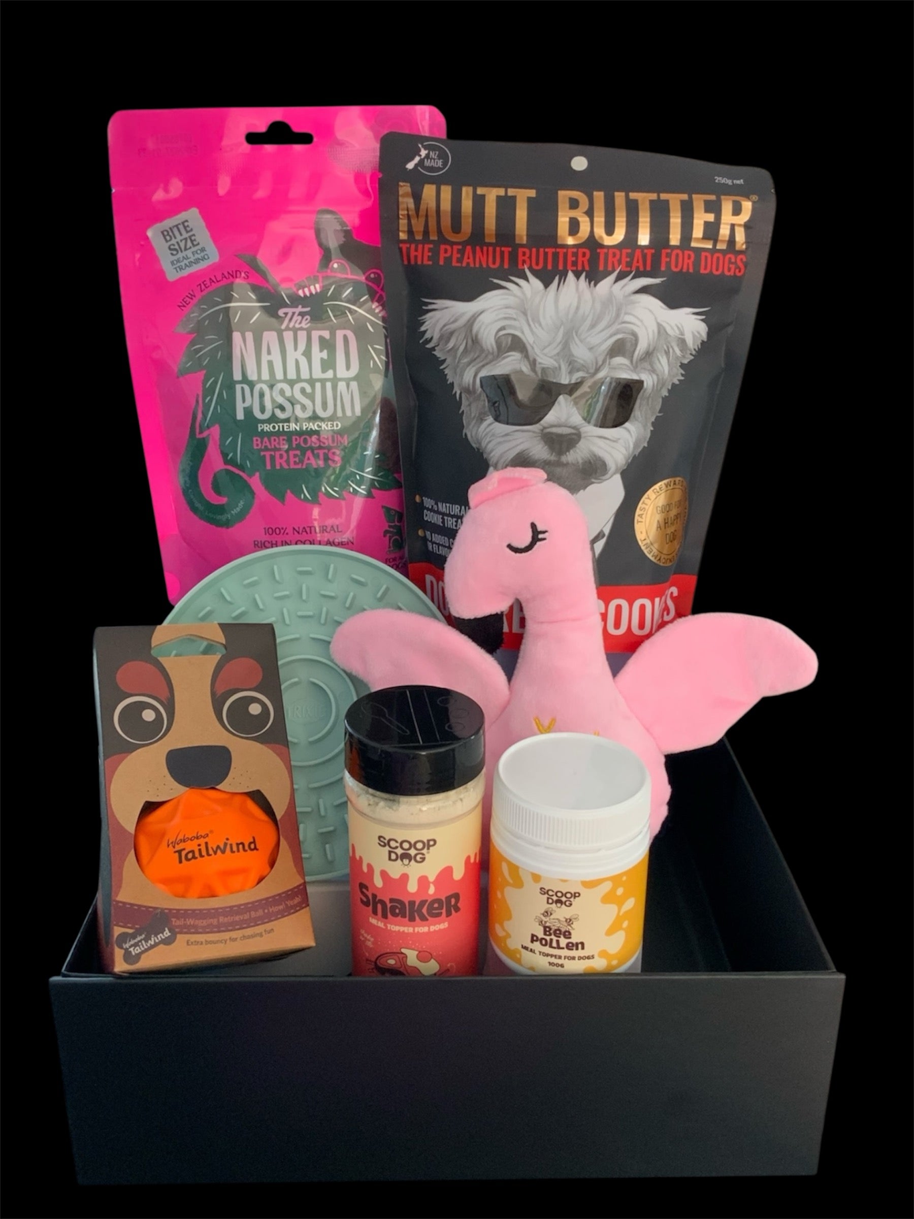 Pawsome Pooch Parcels Get Well Soon Box — THe Naked Possum treats, Scoop Dog meal toppers, Mutt Butter cookies, soft plush toy and gentle recovery items for unwell dogs