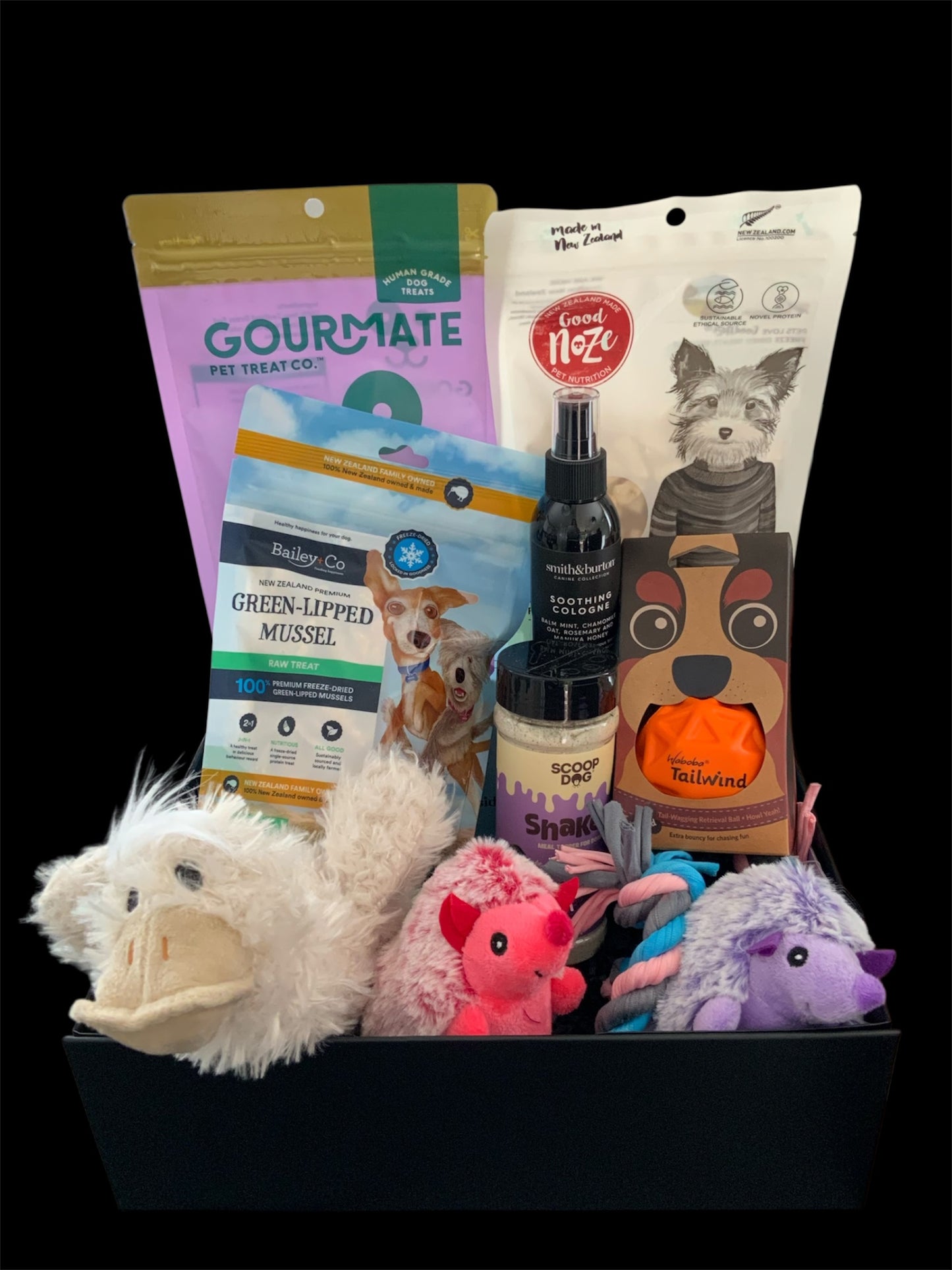 Pawsome Pooch Parcels Everyday Tail-Wags Box — NZ-made treats, soft plush toys and a tennis ball