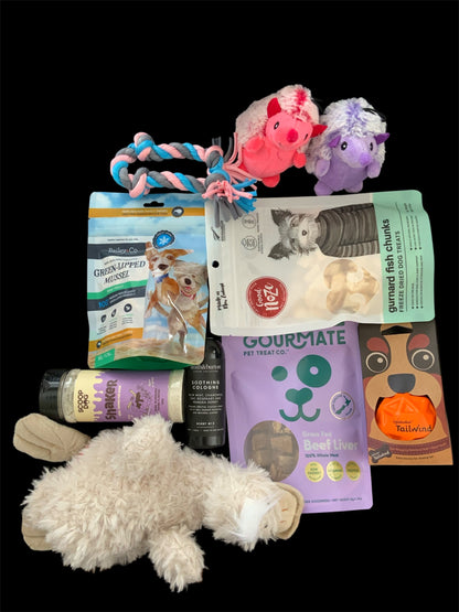 Pawsome Pooch Parcels Everyday Tail-Wags Box — NZ-made treats, soft plush toys and a tennis ball