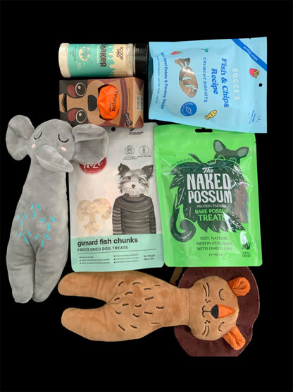 Pawsome Pooch Parcels dog gift box — NZ-made treats, fetch ball and plush lion and elephant toys